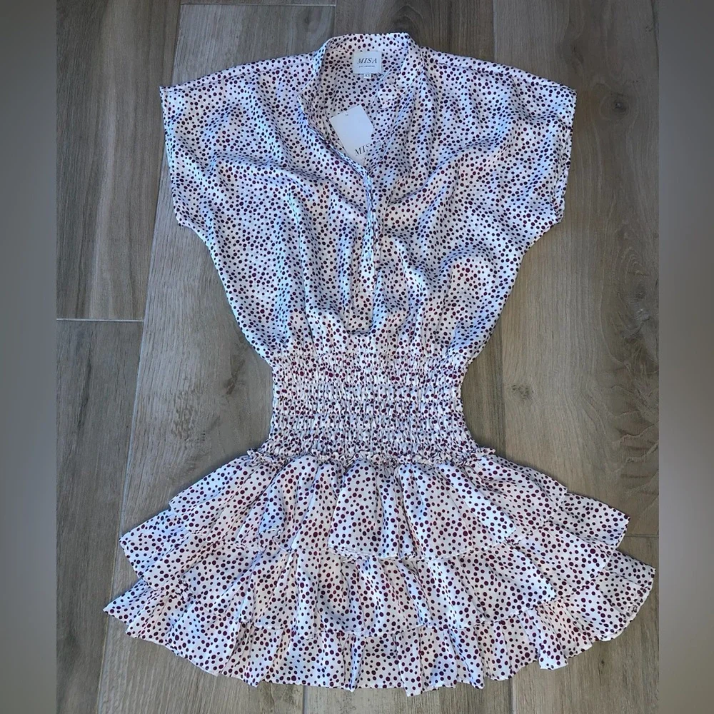 MISA Los Angeles Polka Dot Smocked Mini Dress XS NWT Ruffle Hem - Picture 2 of 5